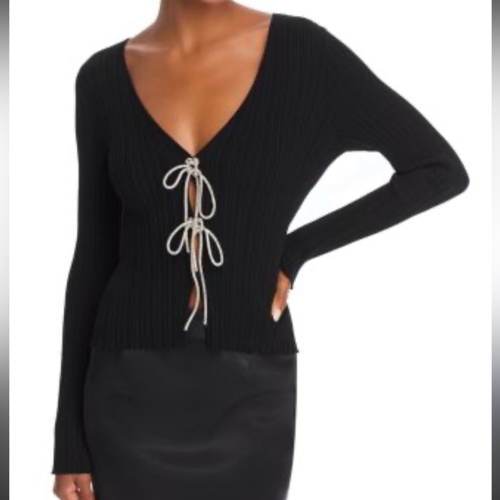 WAYF Black Ribbed Blouse with Bow Tie Detail